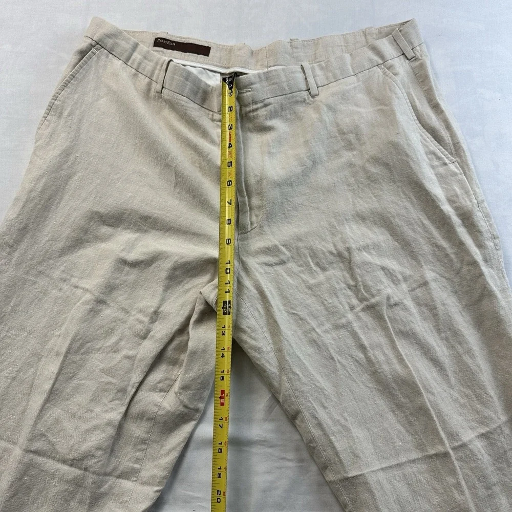 Perry Ellis Linen Blend Classic Fit Pants Men's 40x32 Beige Flat Front Casual